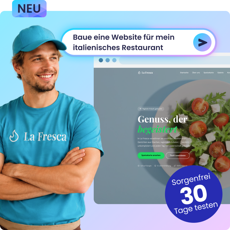 Stolzer Restaurantbesitzer mit seiner Website, erstellt mit dem KI App & Site Builder