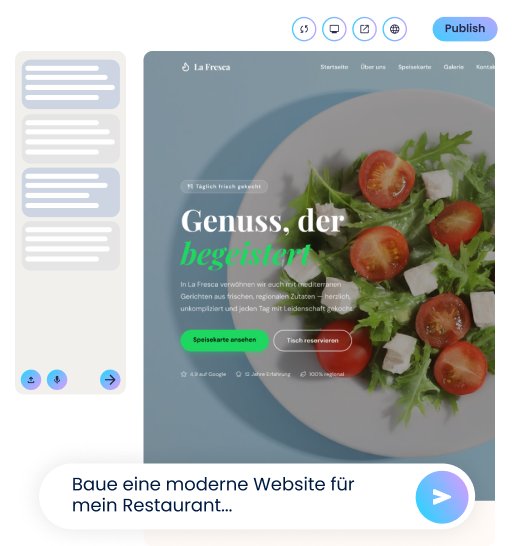 Im Promptfenster erscheint ein Text, daraufhin baut sich die Ansicht einer Restaurant-Website auf.