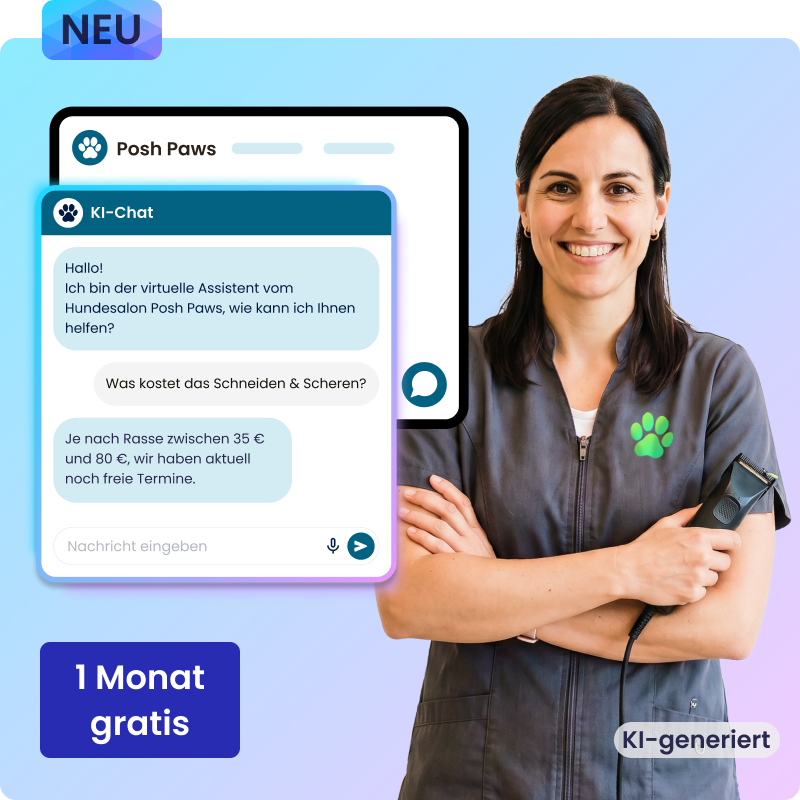 Mitarbeiterin des Hundesalons und eingeblendet das Chatfenster