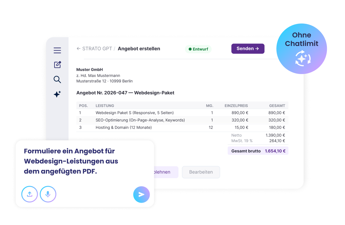 Promptfenster und Ergebnis: Angebotserstellung