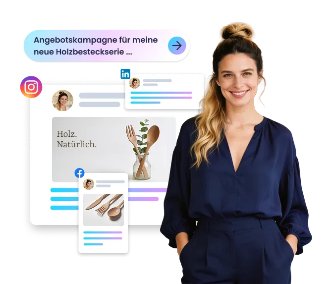 Junge Frau präsentiert verschiedene Social-Media-Posts in unterschiedlichen Kanälen